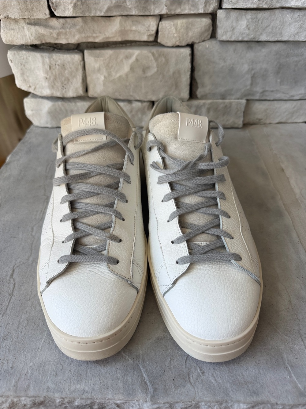 P448 Men's White Leather Low-Top Sneakers with Gray Laces